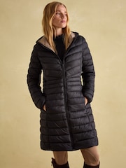 Joules Kenley Black Showerproof Long Padded Coat with Hood - Image 1 of 7