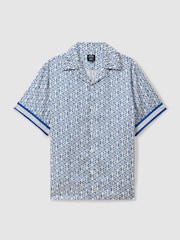 Reiss Bright Blue/White Idra Reiss | Ché Monogram Print Cuff Detail Cuban Collar Shirt - Image 1 of 5