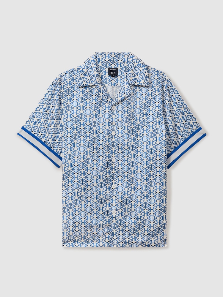 Reiss Bright Blue/White Idra Reiss | Ché Monogram Print Cuff Detail Cuban Collar Shirt - Image 1 of 5