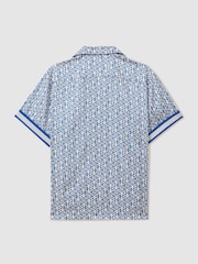 Reiss Bright Blue/White Idra Reiss | Ché Monogram Print Cuff Detail Cuban Collar Shirt - Image 2 of 5