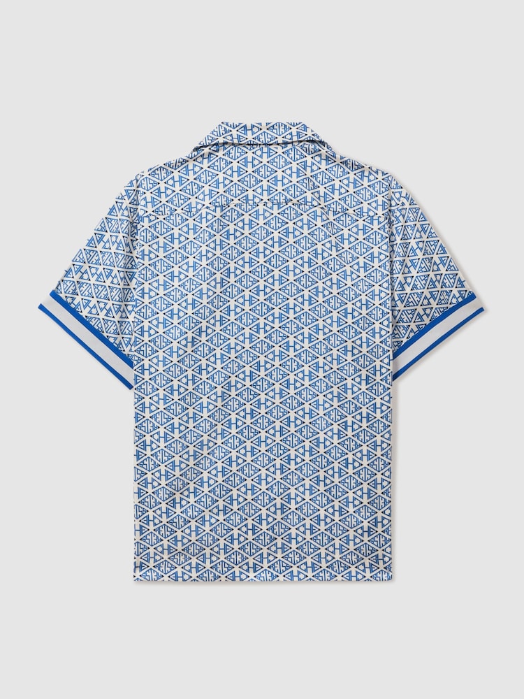 Reiss Bright Blue/White Idra Reiss | Ché Monogram Print Cuff Detail Cuban Collar Shirt - Image 2 of 5