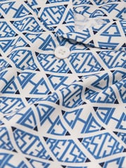 Reiss Bright Blue/White Idra Reiss | Ché Monogram Print Cuff Detail Cuban Collar Shirt - Image 5 of 5