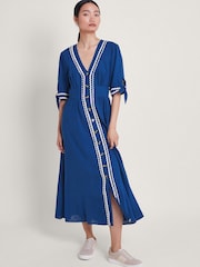 Monsoon Blue Lita Dress In Linen Blend - Image 1 of 5
