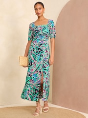 Love & Roses – Bedrucktes Midikleid mit quadratischem Ausschnitt und Puffärmeln - Bild 1 von 4