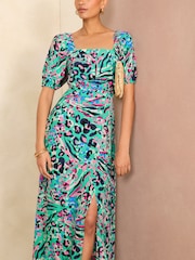 Love & Roses – Bedrucktes Midikleid mit quadratischem Ausschnitt und Puffärmeln - Bild 3 von 4