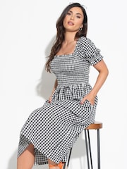 Pour Moi Black 100% Cotton Daisy Shirred Bodice Gingham Short Sleeve Woven Midi Dress - Image 1 of 4