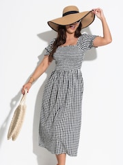 Pour Moi Black 100% Cotton Daisy Shirred Bodice Gingham Short Sleeve Woven Midi Dress - Image 2 of 4