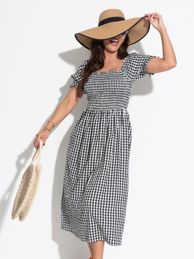 Pour Moi Black 100% Cotton Daisy Shirred Bodice Gingham Short Sleeve Woven Midi Dress - Image 2 of 4