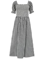 Pour Moi Black 100% Cotton Daisy Shirred Bodice Gingham Short Sleeve Woven Midi Dress - Image 3 of 4
