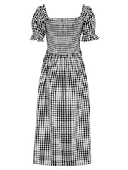 Pour Moi Black 100% Cotton Daisy Shirred Bodice Gingham Short Sleeve Woven Midi Dress - Image 4 of 4