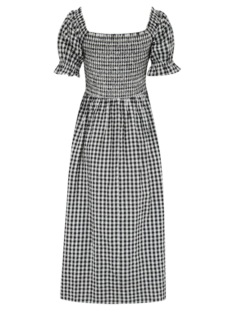 Pour Moi Black 100% Cotton Daisy Shirred Bodice Gingham Short Sleeve Woven Midi Dress - Image 4 of 4