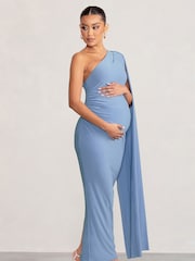 Club L London Blue Maternity Amaryllis One Shoulder Maxi Dress with Cape Sleeve - Image 2 of 4