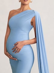 Club L London Blue Maternity Amaryllis One Shoulder Maxi Dress with Cape Sleeve - Image 3 of 4