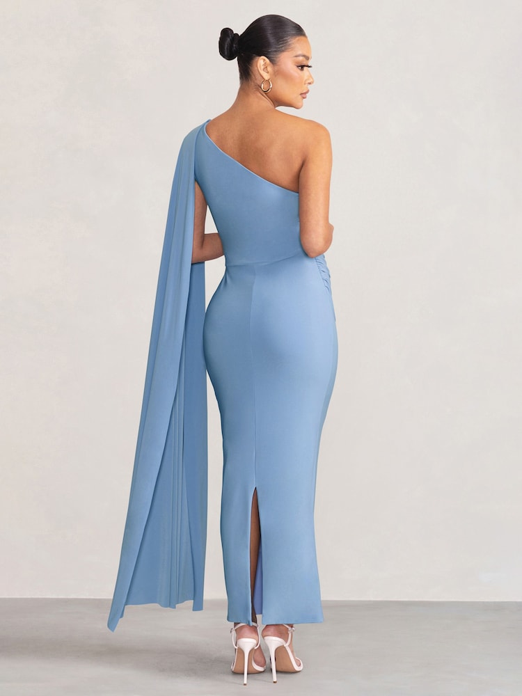 Club L London Blue Maternity Amaryllis One Shoulder Maxi Dress with Cape Sleeve - Image 4 of 4
