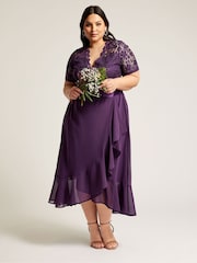 YOURS LONDON Curve Purple Lace Wrap Ruffle Midi Dress - Image 1 of 2