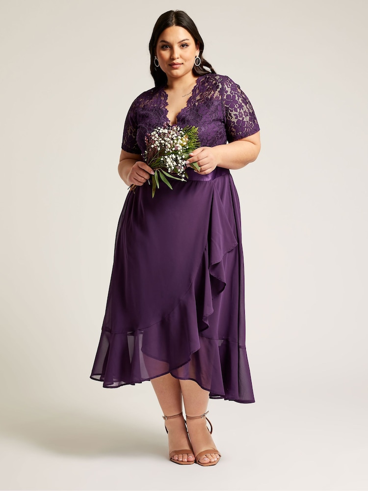 YOURS LONDON Curve Purple Lace Wrap Ruffle Midi Dress - Image 1 of 2
