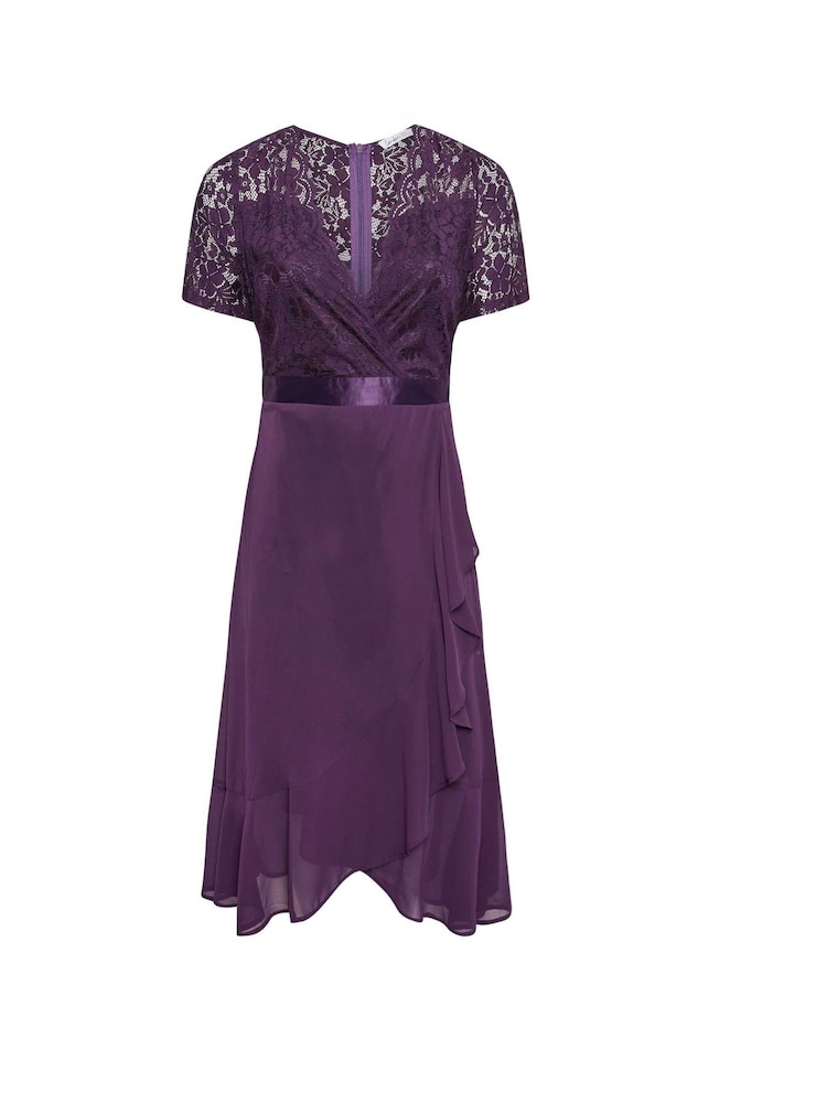 YOURS LONDON Curve Purple Lace Wrap Ruffle Midi Dress - Image 2 of 2