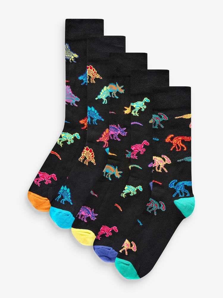 Black X-Ray Dinosaurs - Fun Pattern Socks 5 Pack - Image 1 of 7