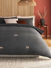Charcoal Grey Embroidered Leopard Duvet Cover and Pillowcase Set - Image 1 of 1