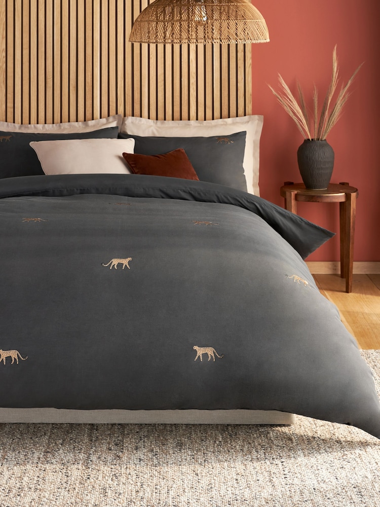 Charcoal Grey Embroidered Leopard Duvet Cover and Pillowcase Set - Image 1 of 1