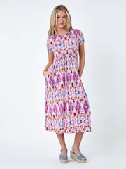 Roman Pink Roman Patterned Print Stretch Pocket Midi Dress - Image 1 of 5