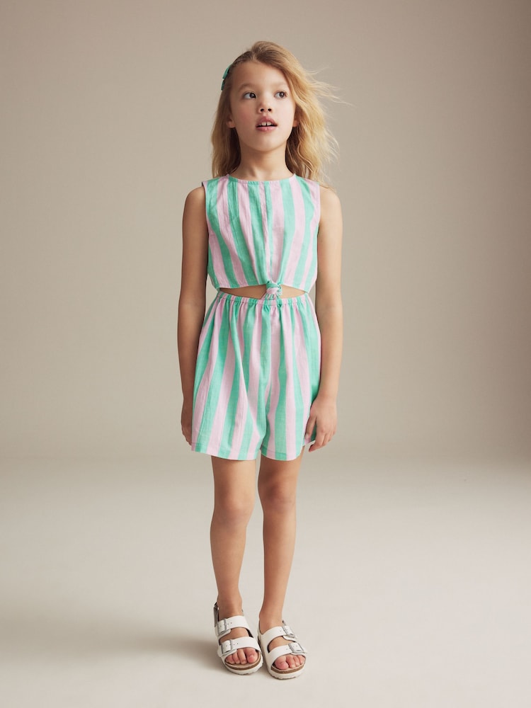 Pink/Green Stripe Twist Knot 100% Cotton Playsuit (3-16yrs) - Image 1 of 6 Pink/Green Stripe Twist Knot 100% Cotton Playsuit (3-16yrs) - Image 1 of 6