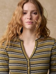Khaki Green Stripe Ribbed Button Detail Long Sleeve Henley Bodysuit - Image 1 of 9