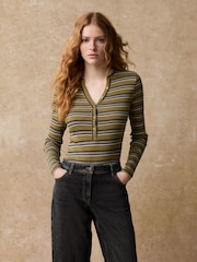 Khaki Green Stripe Ribbed Button Detail Long Sleeve Henley Bodysuit - Image 2 of 9