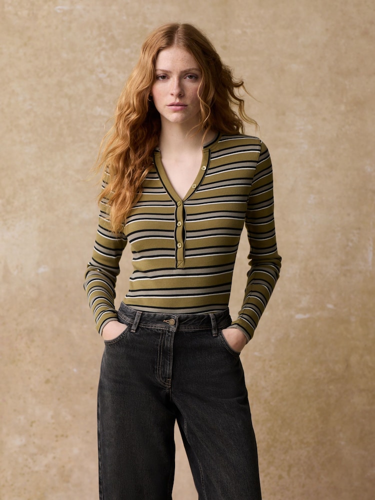 Khaki Green Stripe Ribbed Button Detail Long Sleeve Henley Bodysuit - Image 2 of 9