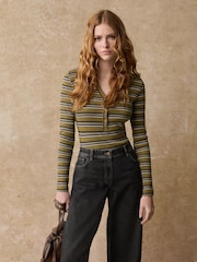 Khaki Green Stripe Ribbed Button Detail Long Sleeve Henley Bodysuit - Image 3 of 9