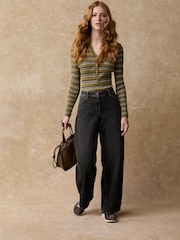 Khaki Green Stripe Ribbed Button Detail Long Sleeve Henley Bodysuit - Image 4 of 9