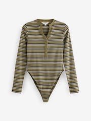 Khaki Green Stripe Ribbed Button Detail Long Sleeve Henley Bodysuit - Image 6 of 9