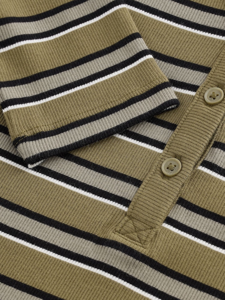 Khaki Green Stripe Ribbed Button Detail Long Sleeve Henley Bodysuit - Image 9 of 9