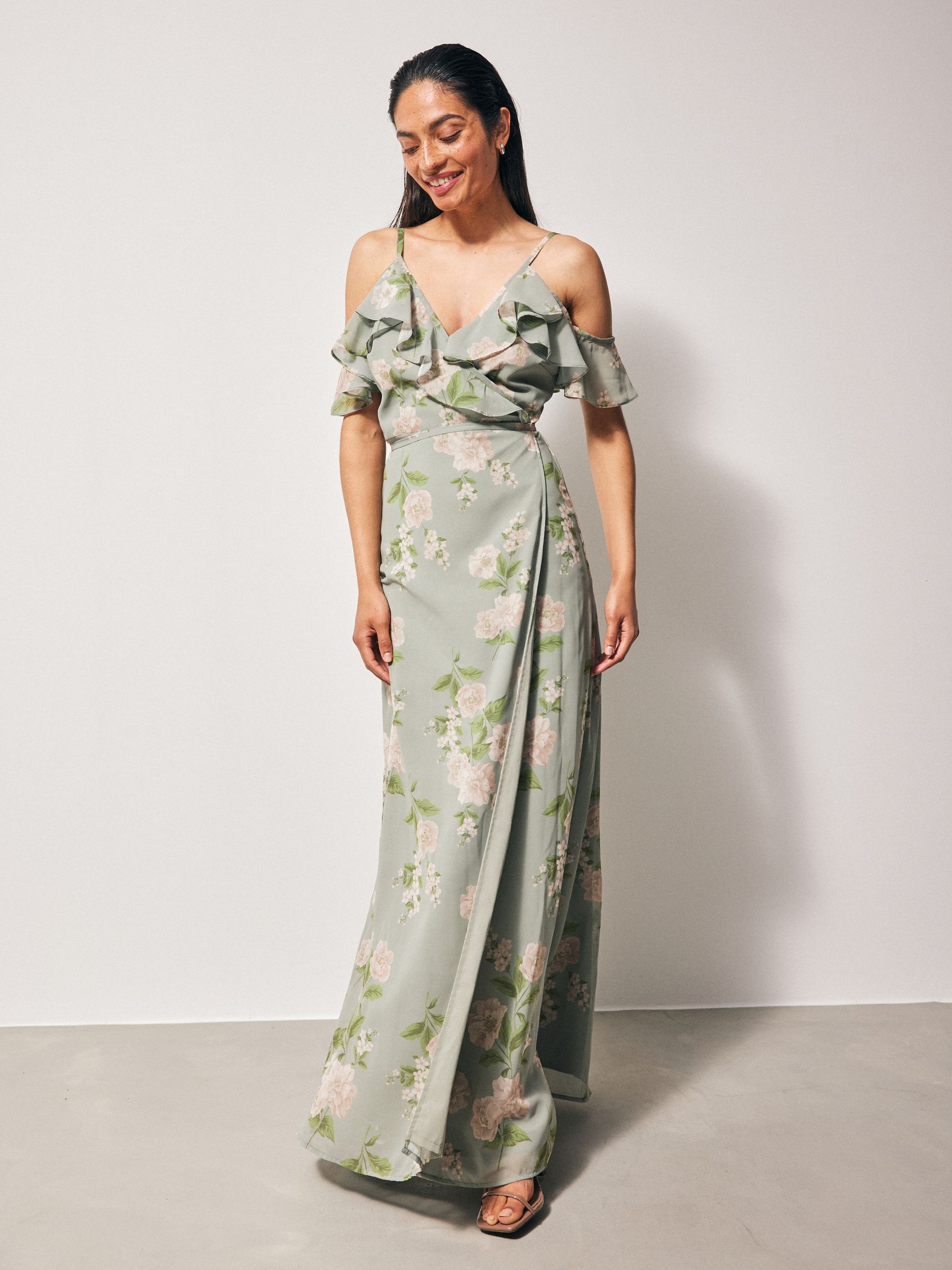 Anaya with Love Green Cold Shoulder Wrap Printed Maxi Bridesmaid Dress