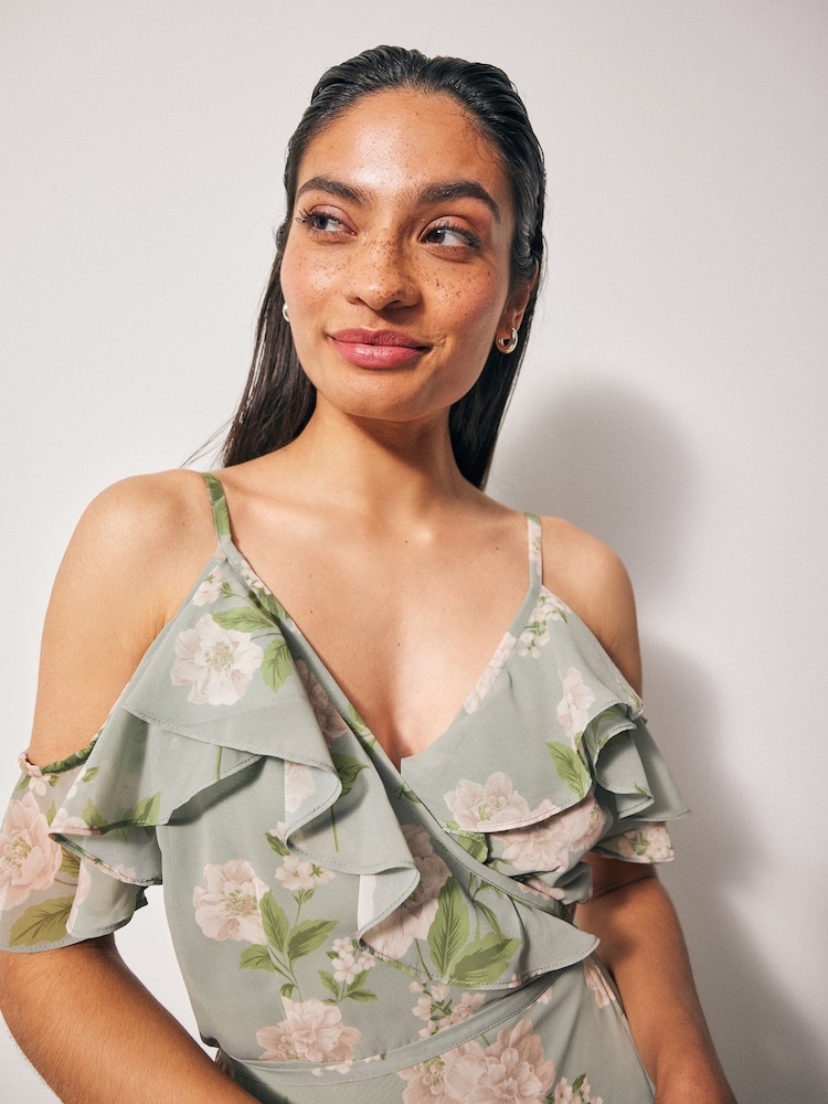 Anaya With Love Green Cold Shoulder Wrap Printed Maxi Bridesmaid Dress - Image 4 of 4