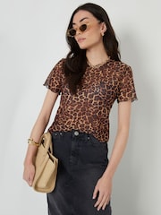 Threadbare Animal Leopard Print Short Sleeve Sheer Mesh T-Shirt - Image 6 of 10