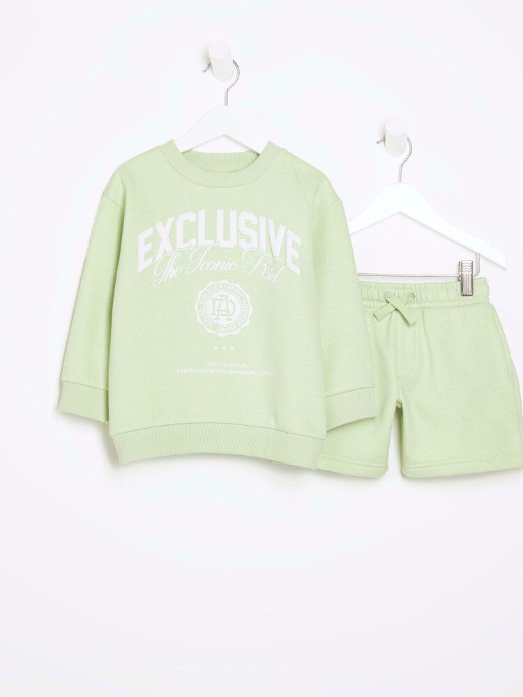 River Island Green Mini Boys Varsity Sweat Short Set - Image 1 of 5 River Island Green Mini Boys Varsity Sweat Short Set - Image 1 of 5