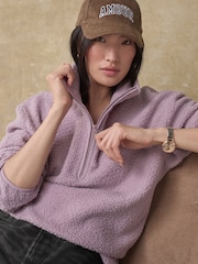 Mauve Purple Teddy Borg Cosy Longline Quarter Zip Fleece - Image 1 of 9