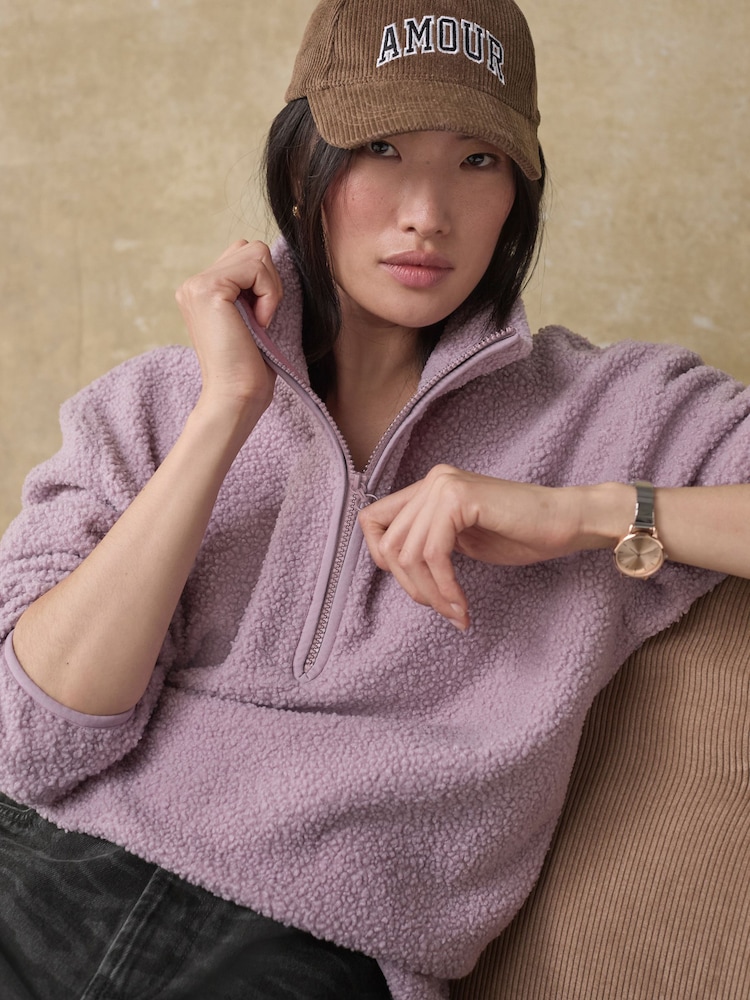 Mauve Purple Teddy Borg Cosy Longline Quarter Zip Fleece - Image 1 of 9
