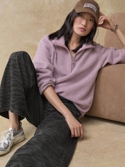 Mauve Purple Teddy Borg Cosy Longline Quarter Zip Fleece - Image 3 of 9