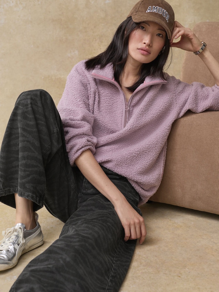 Mauve Purple Teddy Borg Cosy Longline Quarter Zip Fleece - Image 3 of 9