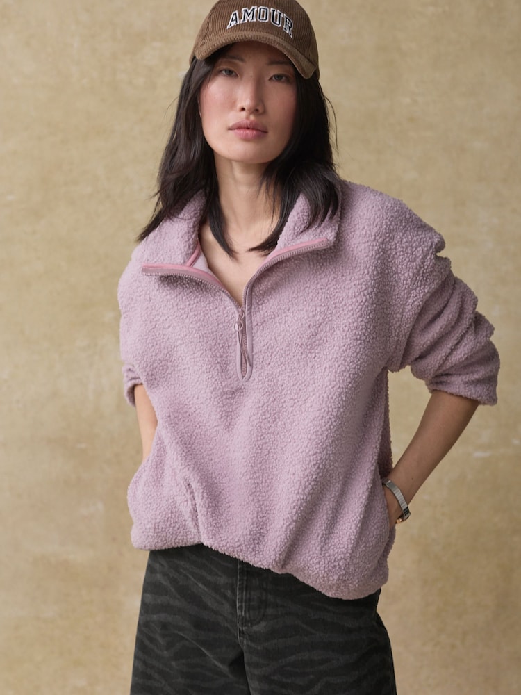 Mauve Purple Teddy Borg Cosy Longline Quarter Zip Fleece - Image 4 of 9