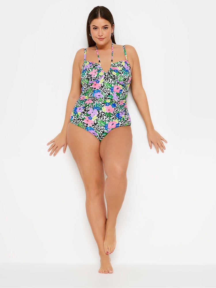 Yours Curve Black Multi Floral Print Halter Swimsuit - Image 2 of 6