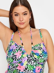 Yours Curve Black Multi Floral Print Halter Swimsuit - Image 4 of 6