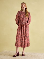 Joules Felicity Red Paisley Smocked Midi Dress - Image 1 of 7