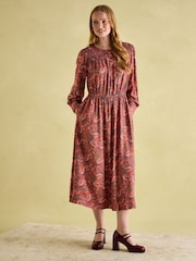 Joules Felicity Red Paisley Smocked Midi Dress - Image 6 of 7