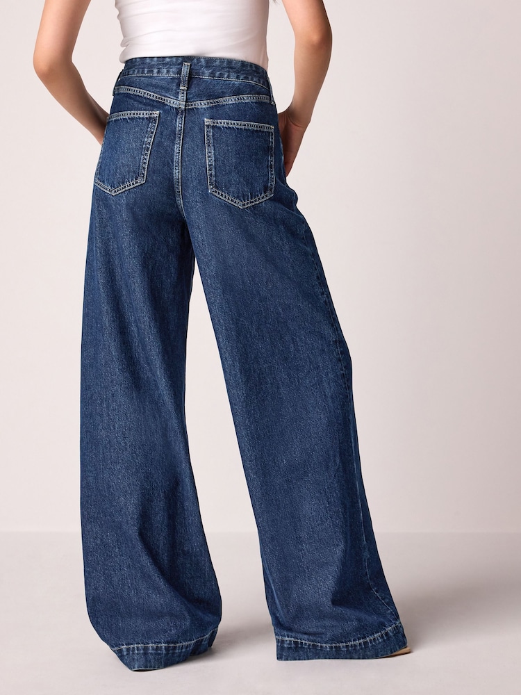 شكل مغسول - Palazzo Wide Leg 100% Cotton Jeans - Image 4 of 8