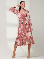 Jolie Moi Light Pink Rayla Wrap Front Mesh Midi Dress - Image 6 of 6
