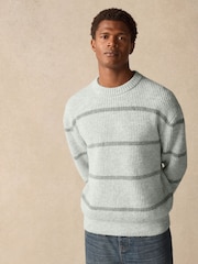 Grey Regular Fit Horizontal Stripe Crew Jumper with Wool - Image 1 of 8