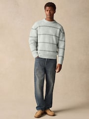 Grey Regular Fit Horizontal Stripe Crew Jumper with Wool - Image 2 of 8